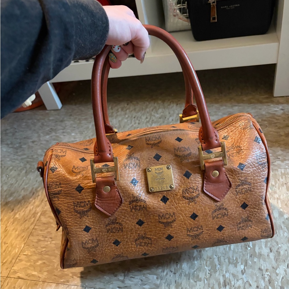 MCM Cognac Logo Visetos Satchel with Gold Hardware